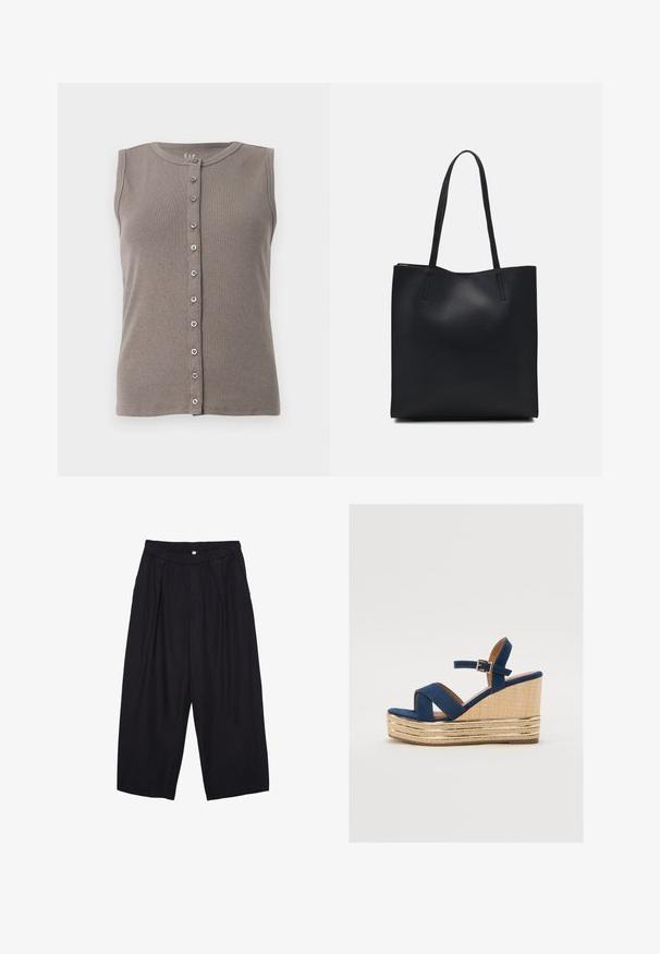 Top senza maniche grigio con una texture a coste e scollatura rotonda. Presenta una chiusura frontale con bottoni, composta da cinque bottoni equidistanti.; Pantaloni culotte neri in poliestere con una cintura elastica, due pieghe frontali e una silhouette ampia. Nessun motivo visibile o dettagli in metallo.; Sandalo con zeppa blu navy, con cinturini incrociati, una piattaforma in fibra naturale testurizzata e un accento metallico dorato alla base.; Borsa tote in pelle nera con texture liscia, forma rettangolare e due manici lunghi. Nessun hardware o decorazione visibile.