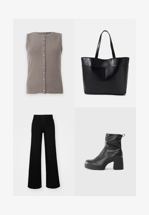 Graues ärmelloses Tanktop mit gerippter Textur und rundem Ausschnitt. Verfügt über eine Knopfleiste mit fünf gleichmäßig verteilten Knöpfen.; Schwarze weit geschnittene Hose aus Denim, mit einem strukturierten Bund, Gürtelschlaufen und Fronttaschen. Glatte Textur mit klassischem Design.; Schwarze Stiefeletten aus glattem Leder mit seitlichem Reißverschluss, klobigem strukturiertem Absatz und runder Zehenform.; Schwarze Leder-Shopper-Tasche mit zwei langen Griffen, einer glatten Textur und einer strukturierten Form. Verfügt über eine Vordertasche für zusätzlichen Stauraum.