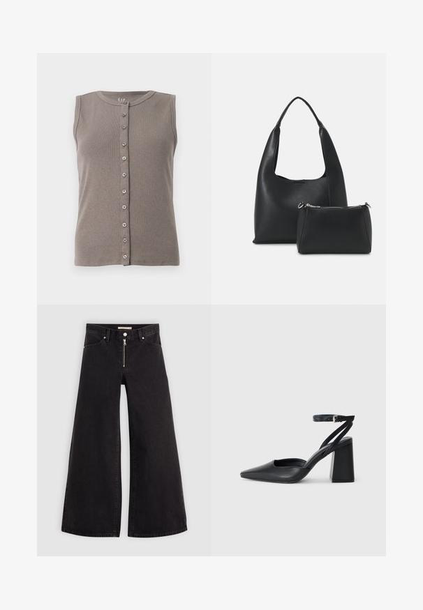 Graues ärmelloses Tanktop mit gerippter Textur und rundem Ausschnitt. Verfügt über eine Knopfleiste mit fünf gleichmäßig verteilten Knöpfen.; Schwarze Denim-Jeans mit weitem Bein, Reißverschluss vorne, Fünf-Taschen-Design und dezenten Stickdetails. Glatte Textur und lässiger Stil.; Schwarze Leder-Pumps mit spitzer Zehe, einem Knöchelriemen und einem blockigen Absatz. Flache Textur, elegantes Design und minimalistische Ästhetik.; Even&Odd Handtasche - black