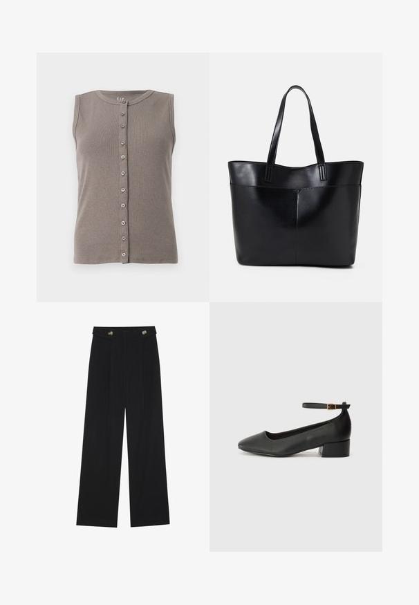 Gray sleeveless tank top with a ribbed texture and a round neckline. Features a button front closure with five evenly spaced buttons.; Black wide-leg trousers with high waist, button details on waistband, and front pleats.; Black leather pump with a pointed toe and a low block heel. Features an ankle strap with a gold-tone buckle. Smooth texture.; Black leather tote bag with two long handles, a smooth texture, and a structured shape. Features a front pocket for additional storage.