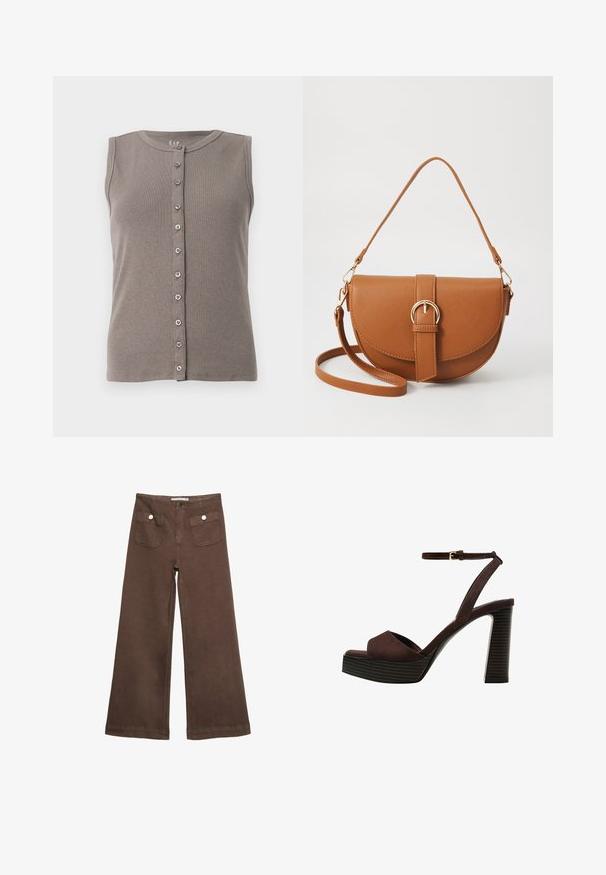 Gray sleeveless tank top with a ribbed texture and a round neckline. Features a button front closure with five evenly spaced buttons.; Brown wide-leg trousers made of cotton, featuring two front pockets with silver buttons, and a smooth texture.; Brown suede high-heeled sandal with an open toe, adjustable ankle strap, and a striped platform sole.; Brown leather crossbody bag with a curved shape, gold hardware, and a buckle accent. Features a detachable shoulder strap.