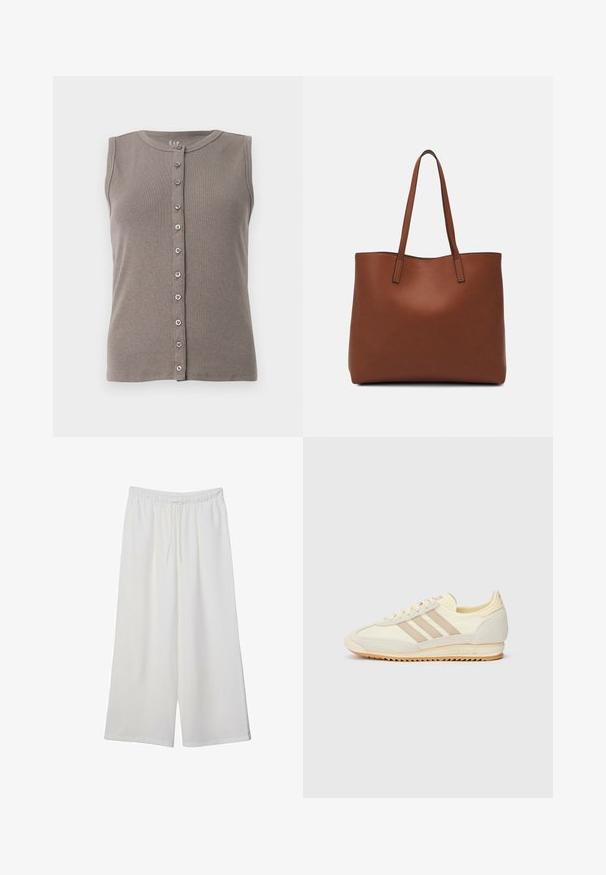 Grå ärmlös tanktop med ribbad textur och rund halsringning. Har en knappstängning framtill med fem jämnt fördelade knappar.; Vita vida byxor i lätt tyg med elastisk midja och dragsko för justerbar passform. Mjuk textur.; Krämfärgade atletiska sneakers med tre beige ränder, i mocka och textilmaterial, med en texturerad sula och präglad logotyp på hälen.; Brun läder tote-väska med en slät textur, öppen toppdesign och två axelremmar. Har minimal söm och ingen synlig metalldetalj.