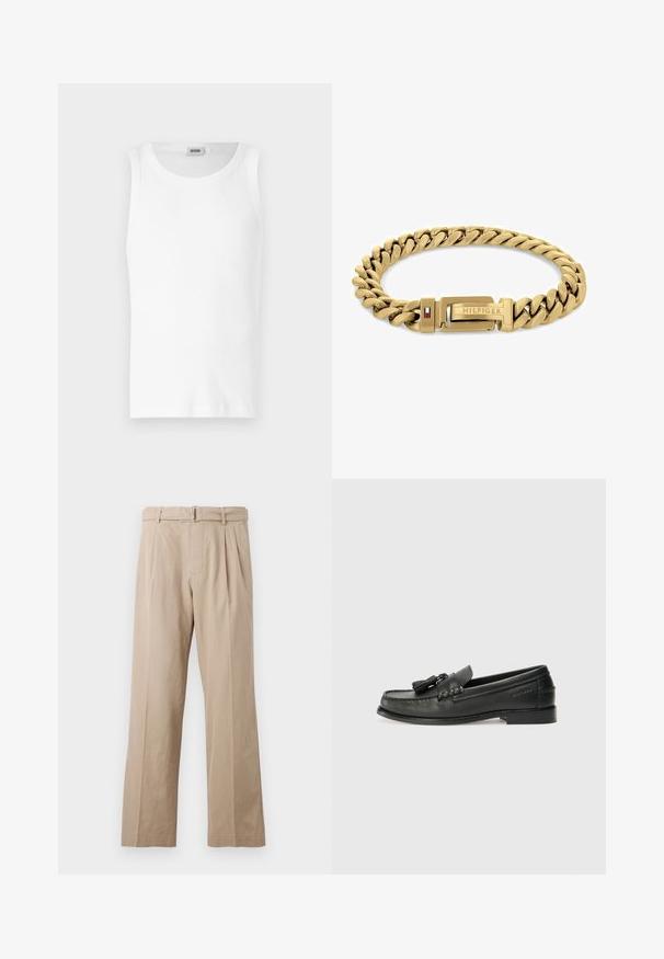 Weißes Baumwoll-Tanktop ohne Ärmel mit Rundhalsausschnitt und glatter Textur. Einfaches Design, ohne Muster oder Akzente.; Beige, breite Hosen aus einem glatten Baumwollgemisch mit vorderen Falten, einem genähten Bund und einem Gürtel mit Metallschnalle.; Schwarze Lederloafer mit abgerundeter Spitze, dekorativen Quasten und einer gestickten Gestaltung. Flache Sohle mit dezentem Branding an der Seite.; Goldfarbener Armband mit ineinandergreifenden Gliedern, ausgestattet mit einem Verschluss mit dem "HILFIGER"-Logo und roten sowie blauen Akzenten. Glatte, polierte Oberfläche.