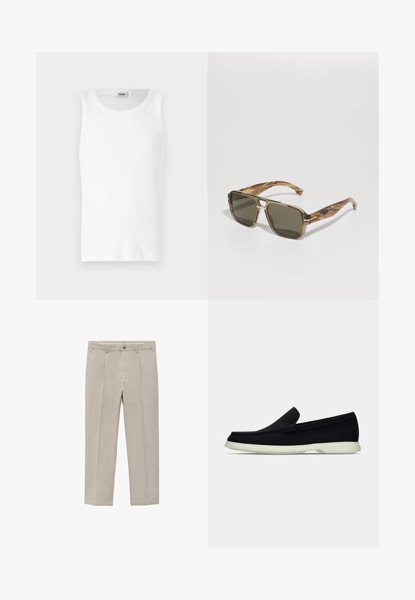 Biely bavlnený tielko bez rukávov s okrúhlym výstrihom a hladkou textúrou. Jednoduchý dizajn, žiadne vzory ani akcenty.; Svetlo béžové nohavice vyrobené z bavlnenej zmesi, s rovnými nohavicami, prednými záhybmi, zapínaním na gombík a bočnými vreckami.; Čierne nazúvacie topánky s okrúhlou špičkou, s textúrovaným zvrškom, hladkou bielou podrážkou a jemným brandingom po boku.; BOSS Slnečné okuliare - brown