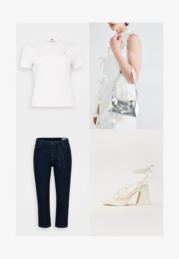 Biała krótkoskrótowa koszulka z bawełny. Posiada okrągły dekolt i małe logo na lewej piersi. Gładka tekstura i dopasowany krój.; Ciemnoniebieskie dżinsowe spodnie o luźnym kroju. Posiadają wyszywane akcenty, ściągacz w talii i pięć kieszeni. Gładka tekstura i długość do kostek.; Biała sandał na wysokim obcasie z masywnym słupkiem, z paskowym wzorem i wiązaniem przy kostce. Gładka faktura z platformą z przodu dla dodatkowej wysokości.; Srebrna metaliczna torebka o strukturalnym kształcie, wyposażona w górną rączkę i detal w postaci kokardy z przodu. Gładka tekstura, odbijające światło wykończenie.