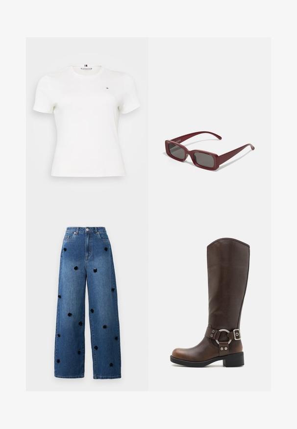White short-sleeve t-shirt made of cotton. Features a round neckline and a small logo on the left chest. Smooth texture and fitted design.; Wide-leg blue denim jeans with black floral appliqués scattered across the fabric. Features a high waist and classic five-pocket design.; Brown leather knee-high boot with a round metal hardware accent and buckle. Slightly textured upper, stacked heel, and rounded toe design.; Burgundy rectangular sunglasses with dark lenses, thick frames, and tapered temples. Made of glossy plastic with a smooth texture.; Blue denim bag with a padded, rounded shape and a curved handle. The texture is soft, featuring visible stitching and a smooth finish.