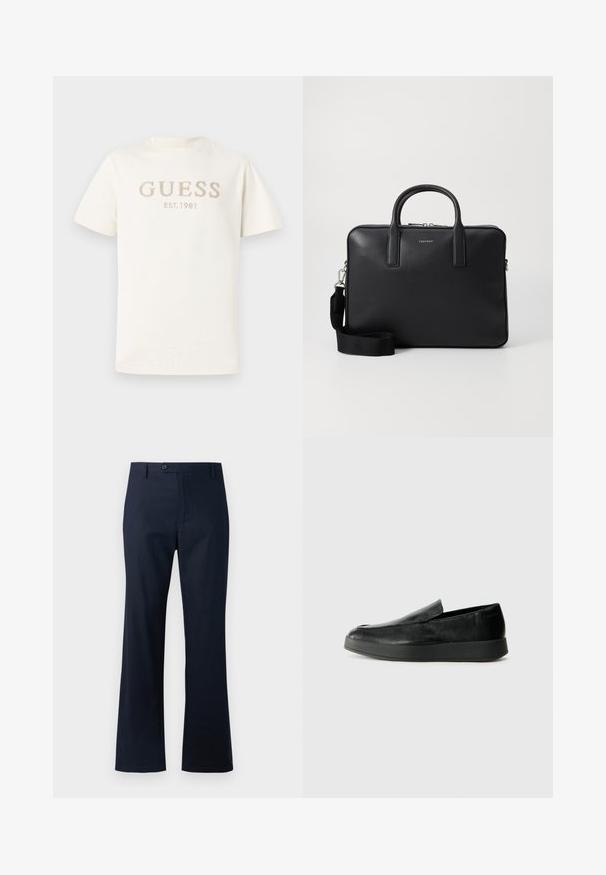 Camiseta blanca de manga corta hecha de algodón suave, con el logo en relieve "GUESS" y "EST. 1981" en beige claro en la parte frontal.; Pantalones azul marino hechos de una mezcla de algodón, con un diseño de pierna recta, cierre de un solo botón y dobladillo alargado.; Calvin Klein HYBRID CUP - Zapatos sin cordones - triple black; Maletín de cuero negro con un acabado texturizado, asas dobles, correa de hombro desmontable y un detalle de logo en la parte frontal. Cierre de cremallera.