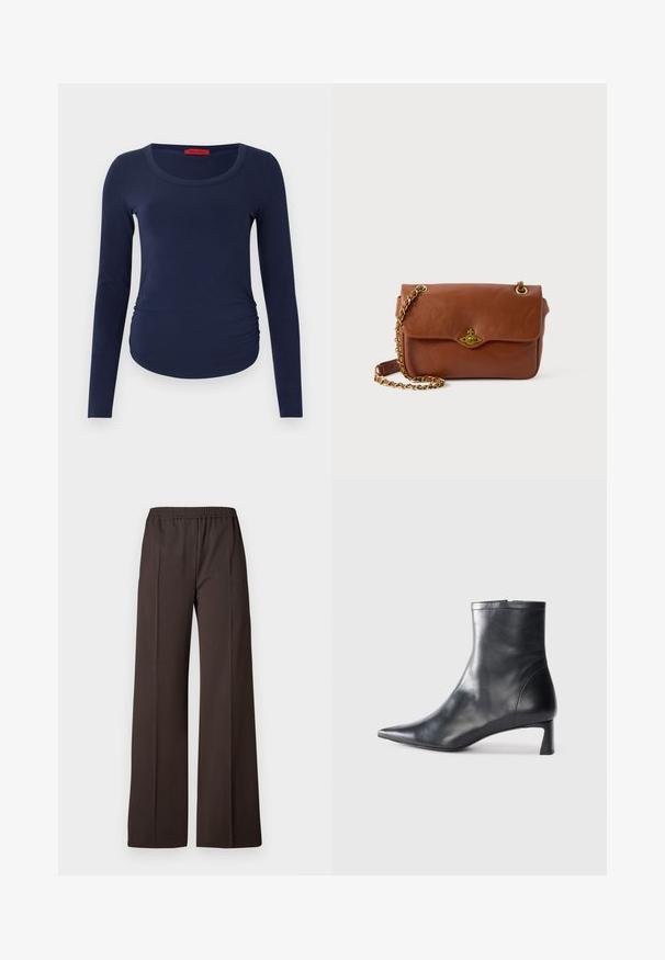 Long-sleeve navy T-shirt made of soft fabric, featuring a scoop neckline and gathered detail on the side for a fitted look.; Wide-leg trousers in dark brown fabric with an elastic waistband, featuring a smooth texture and clean lines for a tailored look.; Black leather ankle boot with a pointed toe and a sleek design. Features a low heel and a zipper closure at the back. Smooth texture.; Brown leather crossbody bag with a flap closure, gold hardware, and a chain strap. Smooth texture, rectangular shape, minimal detailing.
