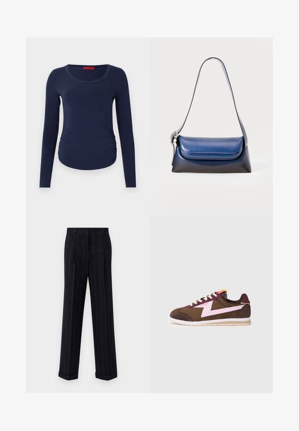 Långärmad marinblå T-shirt i mjuk tyg, med rundad halsringning och samlad detalj på sidan för en figurnära look.; Svarta randiga byxor med skräddarsydd passform, med uppvikta fållar och frontveck. Tillverkade av ett mjukt tyg med en strukturerad design.; Bruna och lila sneakers med en rosa designaccent, i mocka och textilmaterial, platta snören och en kontrasterande vit sula.; Marinblå läderhandväska med en slät yta, rundad form, vikbar topp och en enkel axelrem. Inkluderar silverfärgad hårdvara som accent.