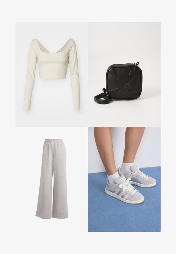 Langsleeve cropped top in lichtbeige geribbelde stof. Kenmerkt een brede ronde halslijn en een zijaccent met knoopdetail. Soepele textuur.; Lichtgrijze sweatpants met een losse pasvorm, elastische tailleband en zachte textuur. Heeft subtiele branding aan één kant. Casual ontwerp.; Grijze suède sneakers met witte veters en rubberen zool, met drie diagonale strepen aan de zijkant en een logo patch op de tong.; Zwarte vierkante crossbody tas van gestructureerd synthetisch materiaal. Met een reliëflogo ontwerp en een verstelbare schouderband. Ritssluiting.