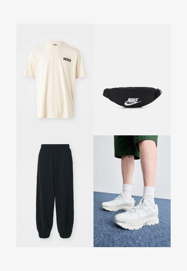 Světle béžové bavlněné tričko s krátkými rukávy a kulatým výstřihem. Na levé straně hrudi se nachází tmavě hnědý nápis "DICKIES".; Černé teplákové kalhoty s elastickým pasem, volným střihem, manžetami na kotnících, hladkým povrchem a bez viditelných vzorů či kovových detailů.; Bílé sportovní boty s texturovanými překryvy, masivní podrážkou a šedými akcenty. Na nohou mají bílé ponožky a zelené šortky na modrém povrchu.; Černá nylonová ledvinka s uzávěrem na zip, s velkým bílým logem Nike. Hladký povrch a ergonomický design pro pohodlné nošení.