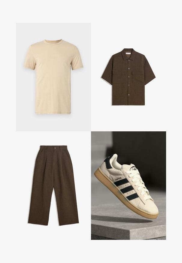 Tricou din bumbac bej cu mâneci scurte, guler rotund și text LOGO embosat pe față. Textură netedă și croială standard.; Cămașă cu mâneci scurte, de culoare maro închis, fabricată dintr-un material texturat. Prezintă un sistem de închidere cu nasturi în față și două buzunare pe piept. Design casual, cu o croială lejeră.; Pantaloni plisati maro cu un design cu picioare largi, prevazuti cu inchidere cu nasture si buzunare laterale, realizati dintr-un material texturat, potriviti pentru purtarea casual.; Adidași din suede bej cu trei dungi albastre închise, șireturi albe și o talpă din cauciuc bej. Prezintă un logo pe limba pantofului și textul "CAMPUS".