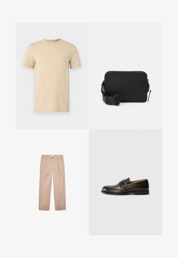 Bežové bavlnené tričko s krátkymi rukávmi, okrúhlym výstrihom a embosovaným LOGO textom na prednej strane. Hladká textúra a štandardný strih.; Khaki nohavice vyrobené z bavlny s rovnými nohavicami, s dvoma prednými vreckami, zapínaním na gombík a klasickým strihom.; Calvin Klein Našuchovačky - cocoa brown; Čierna kožená crossbody taška s textúrovaným povrchom, obdĺžnikovým tvarom, vrchným zipsom a nastaviteľným popruhom. Obsahuje jemné brandingové prvky.