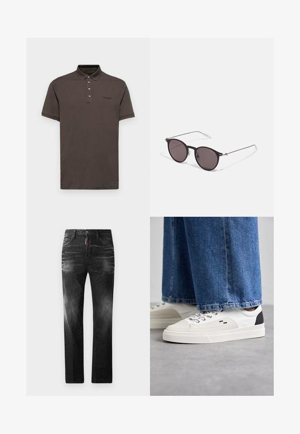 Armani Exchange Piké - black olive; Svarta denimjeans med rak passform. Har blekta områden, mindre slitningar, klassisk femficksdesign och knäppning med knapp.; Vita och svarta sneakers med en slät läderöverdel, texturerade detaljer och en kraftig vit sula. Har en klassisk snörningsdesign.; Svarta runda solglasögon med mörka linser och smala metallarmar. Inkluderar klara tempeltips och silverdetaljer vid gångjärnet. Minimalistisk design.