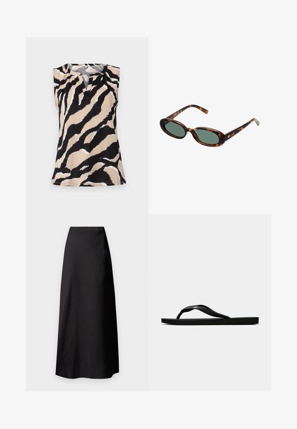 Ärmelloses Top aus einem beigen Stoff mit einem auffälligen schwarz-weißen Zebra-Streifenmuster. Auffälliger V-Ausschnitt und strukturierte Oberfläche.; Schwarzer Satin-Maxirock mit glatter Textur, hoch tailliertem Design, fließender Silhouette und ohne sichtbare Muster oder Hardware-Details.; Schwarze Gummi-Flip-Flop-Sandale mit einem strukturierten Riemen und einfacher flacher Sohle, von der Seite auf einem schlichten hellen Hintergrund dargestellt.; Schildpatt-Sonnenbrille mit ovalen Rahmen und grünen Gläsern. Verfügt über dünne Bügel mit einem metallischen Akzent in der Nähe der Scharniere.