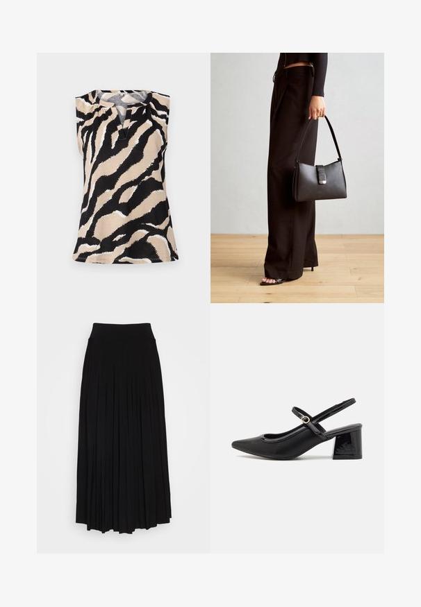 Ærmeløs top i en beige stof med et iøjnefaldende sort-hvidt zebra-stribemønster. Bemærkelsesværdig V-udskæring og tekstureret overflade.; Sort plisseret nederdel med et højt, strækbart taljebånd. Lavet af blødt stof, med lodrette plisseringer for en flydende silhuet.; Sorte patentlæder slingback hæle med spids tå, rund udskæring og blokhæl. Har en guldtonet spændeaccents.; Sort håndtaske med struktureret form, glat overflade og metalspænde. Sammen med brede sorte bukser og sandaler med åben tå på trægulv.