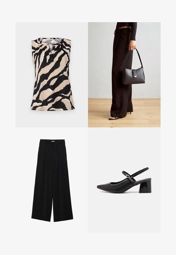 Top brez rokavov iz bež tkanine z izrazitim črno-belim zebričastim vzorcem. Opazen V-izrez in teksturirana površina.; Črne široke hlače iz teksturirane tkanine, z elastičnim pasom in odstranljivim trakom na pasu za prilagodljivo prileganje.; Črne patentne usnjene salonarce s slingback obliko, s koničastim nosom, zaobljenim izrezom in blok peto. Imajo zlato kovinsko zaponko kot dodatno okrasje.; Črna torbica z strukturirano obliko, gladko teksturo in kovinskim zaponko. Ujemajo se z širokimi črnimi hlačami in odprtimi sandali na lesenem tleh.