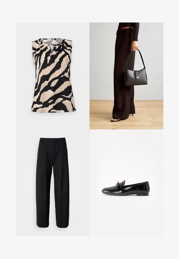 Top sem mangas em tecido bege com um ousado padrão de riscas de zebra em preto e branco. Decote em V notável e acabamento texturizado.; Calças pretas com um corte descontraído, frente plissada e passadores para cinto. Tecido suave e pernas retas, com bolsos laterais.; Mocassim em cabedal preto brilhante com sola plana, bico arredondado e uma faixa decorativa com um detalhe em tom dourado. Acabamento liso e cintilante.; Bolsa preta com forma estruturada, textura suave e um fecho metálico. Combinada com calças largas pretas e sandálias de salto aberto sobre um chão de madeira.