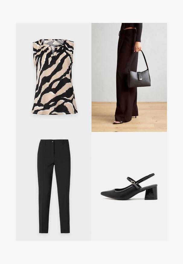 Uten ermer topp i en beige stoff med et dristig svart og hvitt zebra-stripe mønster. Merkbar V-hals og strukturert overflate.; Sorte tettsittende bukser i glatt stoff, med klassisk midjebånd, frontal glidelås og sidelommer, med en strømlinjeformet, skreddersydd design.; Sorte lakk lær slingback hæler med spiss tå, et avrundet utskjæringsdesign og blokkheel. Har en gulltone spenne som detalj.; Svart håndveske med strukturert form, jevn tekstur og metallisk lås. Kombinert med brede svarte bukser og sandaler med åpen tå på tregulv.