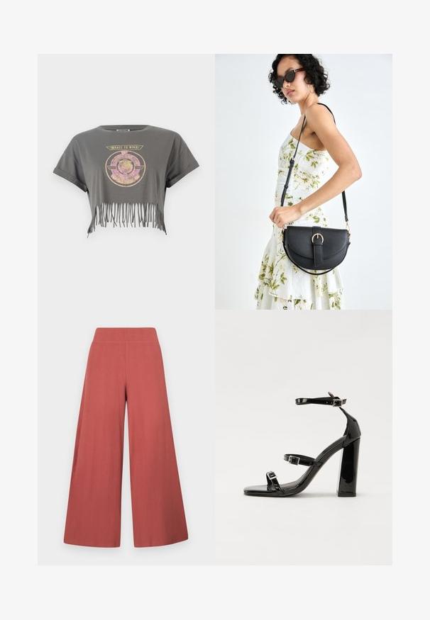 Siva skrajšani majica s kratkimi rokavi, ki ima grafiko lev in napis "RACE TO WIN", zaključena z resastim robom. Mehka bombažna tkanina.; Hlače širokih hlačnic v rjavi barvi, narejene iz teksturirane tkanine z navpičnim rebrastim vzorcem. Imajo visok elastičen pas.; Črne lakaste sandale z visokimi petami, z dvema trakovoma z zaponkama, kvadratnim sprednjim delom in masivno širšo peto, z gladko, sijočo teksturo.; Črna usnjena torbica s ukrivljeno obliko, z odstranljivo naramnico in zlatimi dodatki. Torbica ima pokrov s podrobnostmi v obliki zaponke.