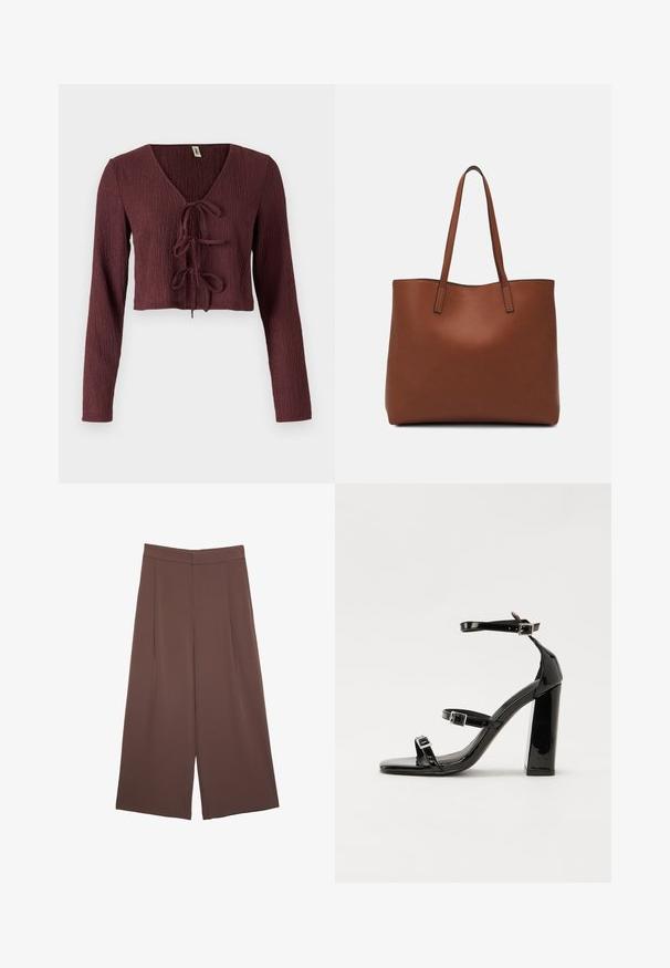 Bordo, dolgimi rokavi skrajšan top iz teksturirane tkanine z globokim V-izrezom in sponko na sprednjem delu. Ima ozek kroj.; Rjave široke hlače z gladko teksturo, ki imajo visok pas in sprednje naborke. Tkanina je lahka in prosto pada.; Črne lakirane sandale s peto, kvadratnim prstom, trakovi okrog gležnja in srebrnimi zaponkami. Opremljene so s stabilno Debelo peto.; Rjava usnjena torba z gladko teksturo, odprto zasnovo zgoraj in dvema naramnima trakovoma. Opremljena je z minimalnim šivanjem in brez vidnih kovinskih delov.