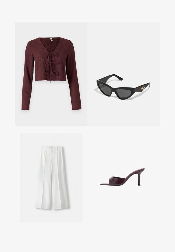 Bordeauxfarbene, langärmlige Cropped-Bluse aus strukturiertem Stoff mit tiefem V-Ausschnitt und Bindeband vorne. Besitzt ein tailliertes Design.; Bershka WIDE-LEG TAILORED - Stoffhose - white; Burgunderfarbene High-Heel-Mules mit quadratischer Zehenpartie, aus glattem Leder gefertigt. Sie verfügen über ein elegantes, minimalistisches Design und einen schmalen Absatz.; Cat-Eye-Sonnenbrille mit mattem schwarzen Kunststoffrahmen, dunklen Gläsern und einem goldenen Logoplatz auf dem Bügel. Winkeliges Design und glatte Oberfläche.; Michael Kors Clutch in beige beschichtetem Canvas mit einem wiederholten MK-Logo-Muster, goldfarbener hardware und einem abnehmbaren Kettenriemen.