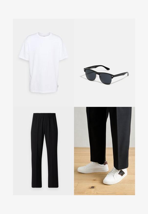Biele bavlnené tričko s krátkymi rukávmi, okrúhlym výstrihom a voľným strihom. Obsahuje malú bočnú značku. Hladká textura.; Čierne nohavice s elastickým pásom a rovnými nohavicami, majú hladkú textúru a žiadne viditeľné vzory ani kovové doplnky.; Biele tenisky s hladkým povrchom, s hnedými koženými akcentmi a čiernymi detailmi, spárované s čiernymi elegantnými nohavicami. Pozadím je drevená podlaha.; Čierne slnečné okuliare s obdĺžnikovým tvarom, tmavými sklami, striebornými akcentmi na bočných okrajoch a matným povrchom rámu.