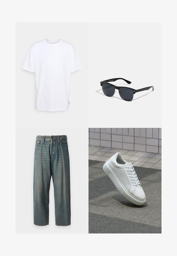 Fehér pamut póló rövid ujjakkal, kerek nyakkal és laza szabással. Apró oldalsó márkacédula található rajta. Sima tapintás.; Világoskék farmernadrág, laza fazonnal, közepes derékbőséggel és egyenes szárral. Öt zsebet, övbucskát és gombos záródást tartalmaz.; Fehér bőr sportcipő sima felülettel, kerek orral és lapos fehér fűzőkkel. Texturált gumitalppal és minimális dizájnelemekkel rendelkezik.; Fekete napszemüveg, téglalap alakú, sötét lencsékkel, ezüst részletekkel a szárakon, és matt felülettel a kereten.
