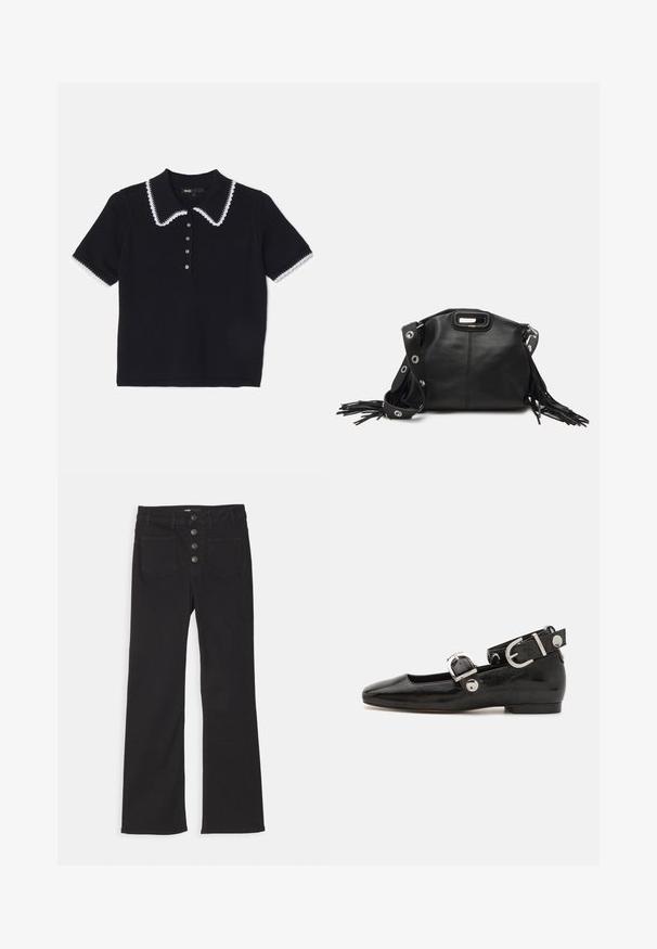 Czarny dzianinowy polo z białym falbanym kołnierzykiem i wykończeniem, krótkie rękawy oraz zaawansowany detal z sześcioma guzikami. Teksturowana tkanina.; Czarne jeansy dżinsowe z szerokimi nogawkami, wysoka talia, pięć kieszeni oraz zapięcie na guziki z przodu z czterema metalowymi guzikami.; Czarne lakierowane baleriny z kwadratowym noskiem, z paskiem na kostkę z metalowymi elementami w kolorze srebrnym oraz płaską podeszwą. Gładka textura i minimalistyczny design.; Maje - Torba na ramię; Złote kolczyki z wieloma kaskadowymi łańcuszkami, z przezroczystymi owalnymi akcentami z rhinestone'ów oraz ozdobnymi sztyftami.