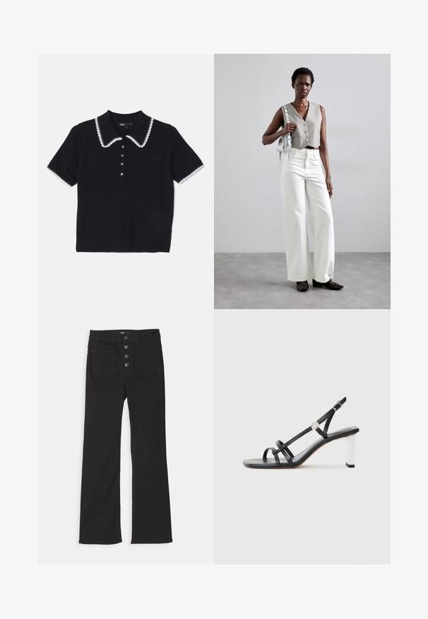 Sort strikket polo-shirt med en hvid bølget krave og kant, korte ærmer og seks knaplukninger. Tekstureret stof.; Sorte denim flare jeans med høj talje, fem-pockets design og lukning fortil med fire metalknapper.; Sorte hælede sandaler med flere smalle remme, et slingback-design og en sølvaccent på hælen. Glat overflademateriale og firkantet hæl.; Grå cropped vest med knapper, parret med hvide wide-leg jeans og sorte flade sko. Accepteret med en lille sølv frynse taske.