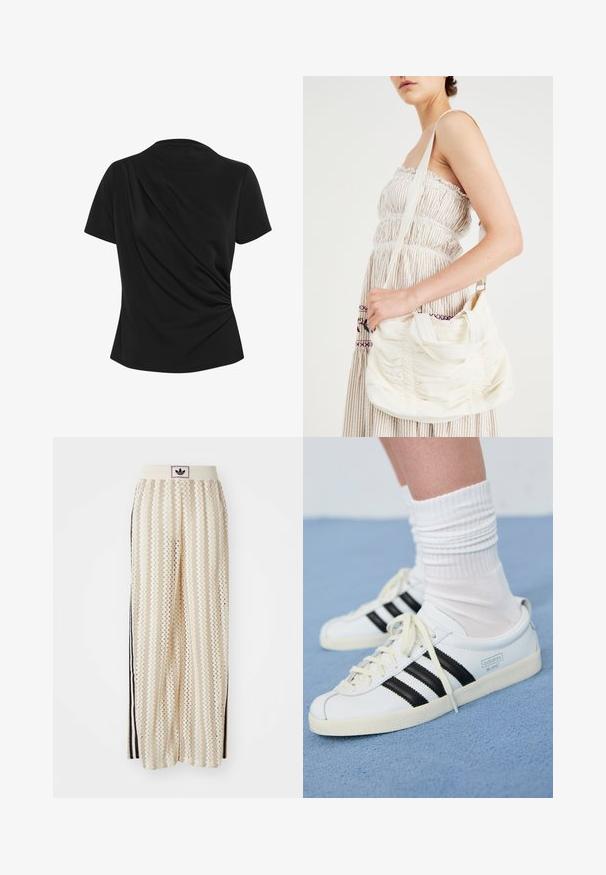 Juodas trumpomis rankovėmis viršus su drapiruotėmis detalėmis nugaroje, pagamintas iš minkštos medžiagos, su apvaliu iškirpimu ir prigludusia siluetu.; Grietos spalvos plačios kelnės su zigzagų raštu, turinčios juodą logotipo juostą ir šonines juodas juosteles. Lengvas, tekstūruotas audinys.; Baltos odinės sportbačiai su juodomis juostelėmis, kreminiu padu ir šviesiomis raištelėmis. Dėvimi su baltais raukšlėtais kojinėmis, pastatyti ant mėlyno fono.; Balta audinio petinė rankinė su susiraukšlėjusia tekstūra, reguliuojama ištraukiama juosta ir sidabrinėmis detalėmis. Rodyta šalia kreminės spalvos suknelės.