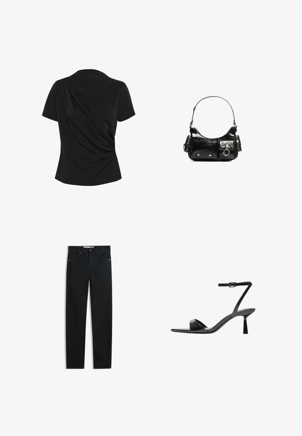 Sort kortærmet top med draperede detaljer på ryggen, lavet af blødt stof, med rund halsudskæring og tætsiddende silhuet.; Sorte denimbukser med lige ben, fem lommer, metalknaplukning og diskrete syningsdetaljer. Glat tekstur.; Bershka Højhælede sandaletter / Højhælede sandaler - black; Sort patenteret læder håndtaske med en buet form, en skulderrem, frontlommer og hardware accenter i sølvfarve.