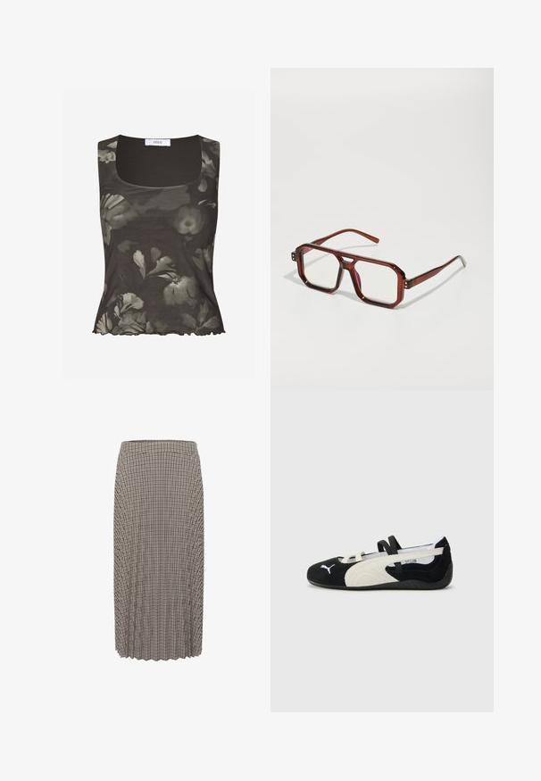 Envii WILMA - Felső - green; Hosszú, pliszírozott midi szoknya fekete-fehér kockás mintával. Jellemzi egy derékpánt és a texturált anyag, amelyen egyenes vonalú szabás található.; Fekete és krémszínű, ultra könnyű cipő, velúr felsőrésszel, lapos talppal, rugalmas pántokkal és kis logóval a lábujjnál.; Barna, áttetsző, oversize szemüveg, téglalap alakú lencsékkel és karcsú szárakkal. Szögletes, enyhén kerekített sarkok, látható fém akcentusok.