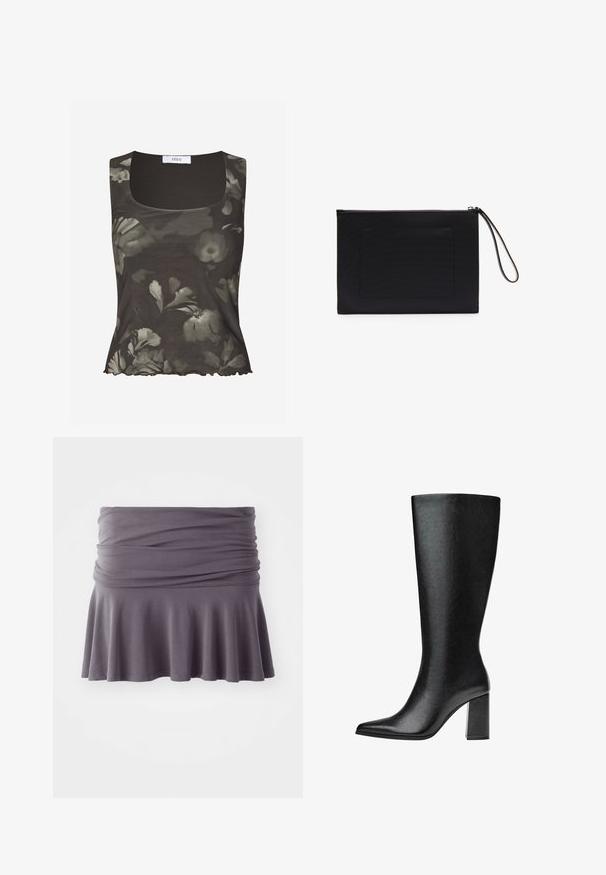 Envii WILMA - Top - green; Gonna grigia a lunghezza ginocchio realizzata in tessuto morbido con vita arricciata e orlo svasato. Presenta una texture liscia e un design semplice.; Stivale nero al ginocchio realizzato in pelle sintetica, con punta affusolata, texture liscia e tacco a blocco spesso. Design minimalista senza decorazioni visibili.; Borse a mano nera realizzata in tessuto texturizzato con forma rettangolare, dotata di chiusura a zip e tracolla. Include una tasca frontale.