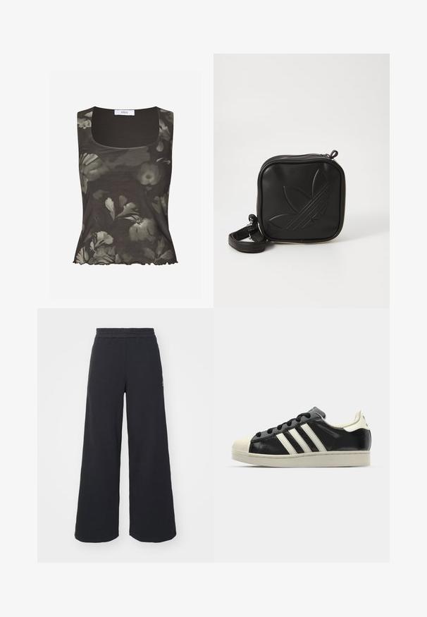 Envii WILMA - Top - green; Schwarze weite Sweatpants aus weichem Material, mit einem elastischen Taillenbund und einem kleinen Logo auf der linken Seite.; Schwarze Ledersneaker mit weißen Streifen, Gummikappe, schwarzen Schnürsenkeln und einer cremefarbenen Sohle. Glatte Textur mit glänzender Oberfläche.; Schwarze Umhängetasche aus strukturiertem synthetischem Material. Verfügt über ein eingeprägtes Logodesign und einen verstellbaren Riemen. Mit Reißverschluss geschlossen.