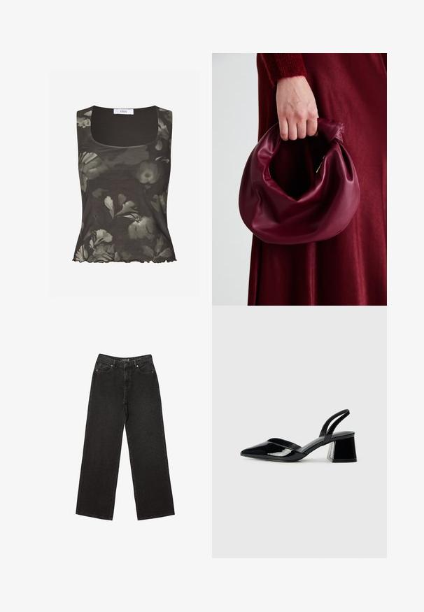 Envii WILMA - Linne - green; Svart vida jeans i denim, med små prickiga mönster, klassisk femfickorsdesign och stängning med knäppning och dragkedja.; Svarta lackläder slingback klackar med spetsig tå och geometrisk klack. Har en elegant, minimalistisk design och slät yta.; Burgundy läderhandväska med en mjuk, samlad design och rundad form. Handtaget är säkrat och visar en slät yta.