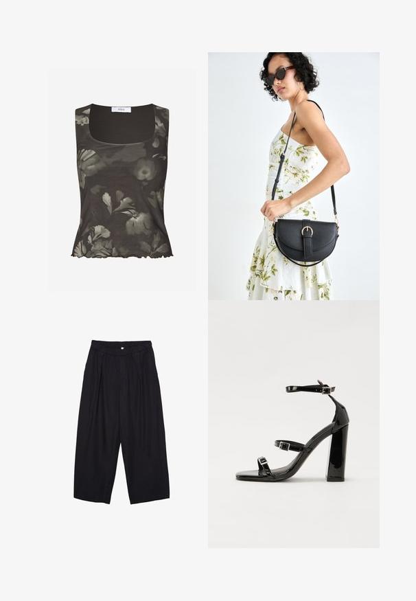 Envii WILMA - Top - green; Pantaloni culotte neri in poliestere con una cintura elastica, due pieghe frontali e una silhouette ampia. Nessun motivo visibile o dettagli in metallo.; Sandali con tacco in vernice nera, con punta squadrata, cinturini alla caviglia e fibbie in argento. Presentano un tacco a blocco spesso per maggiore stabilità.; Borsa a tracolla nera in pelle con una forma curva, manico rimovibile e accessori dorati. La borsa presenta una patta con un dettaglio a fibbia.