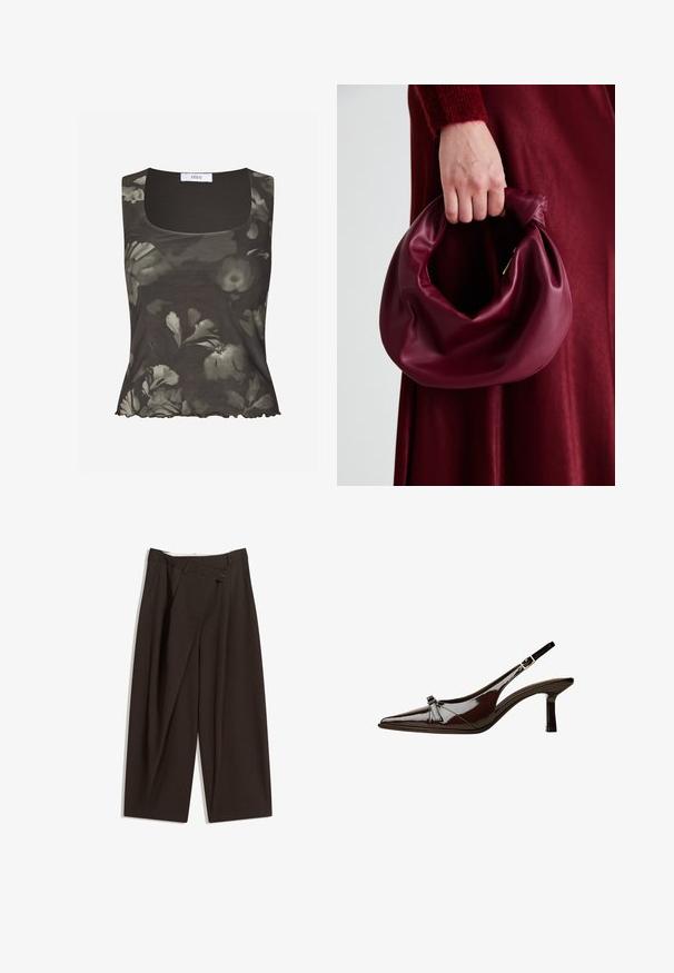 Envii WILMA - Top - green; Temno rjave široke hlače z visokim pasom, ki imajo en gumb za zapiranje in zamaščen sprednji del. Narejene so iz lahkega blaga.; Rjave lakirane slingback čevlje z oglatim nosom, nizko peto in dekorativno pentljo na sprednji strani. Gladka, sijoča tekstura.; Bordo usnjeni ročni torbici s mehak, nabrana zasnova in okrogla oblika. Ročaj je varen in prikazuje gladko teksturo.