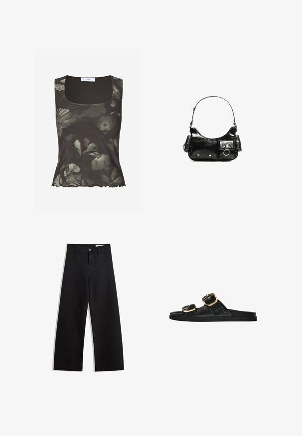 Envii WILMA - Top - green; Sorte wide-leg denim bukser med høj talje, der har front- og baglommer, syede sømme og en knaplukning. Glat tekstur.; Sort skridsandal med to guldspænder, glat tekstureret materiale, flad sål og et minimalistisk design.; Sort patenteret læder håndtaske med en buet form, en skulderrem, frontlommer og hardware accenter i sølvfarve.