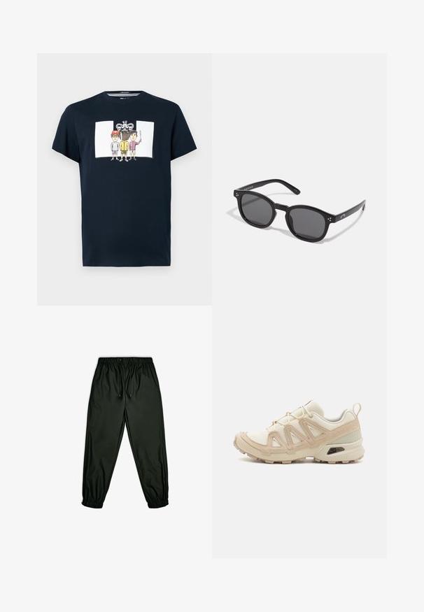 Marineblå bomull t-skjorte med et frontgrafikk av tre tegneseriefigurer og et krone-design med ordet "FRED." Korte ermer, rund hals.; Sorte joggebukser i svart, laget av glatt og lett materiale, med elastisk midje med snor og elastiske mansjetter ved ankelen.; Beige og krem joggesko med teksturert mesh-overdel, støttende overlegg og gummisåle med et mønster for godt grep.; Sorte ovale solbriller med mørke linser, tykke rammer og sølvprikker på sidene. Glatt plastmateriale, moderne design.