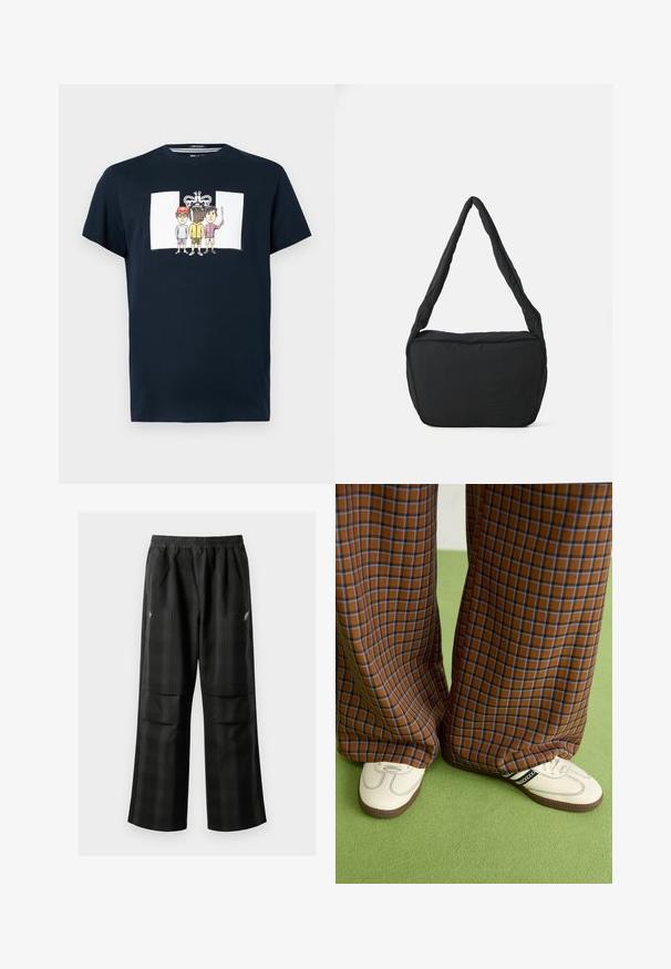 Navyblauwe katoenen T-shirt met een voorkantgrafiek van drie cartoonpersonages en een kroonontwerp met het woord "PEACE." Korte mouwen, ronde hals.; Zwarte geruite broek met een elastische tailleband, twee voorzakken en een losse pasvorm met een rechte pijpdesign. Gemaakt van lichtgewicht materiaal.; Bruine en blauwe geruite wijde broek, gecombineerd met witte schoenen met zwarte accenten en een gestructureerde zool, gezet tegen een groene achtergrond.; Zwarte schoudertas met een gewatteerde textuur, een ronde vorm en een brede schouderband, met een reliëflogo aan de voorkant.