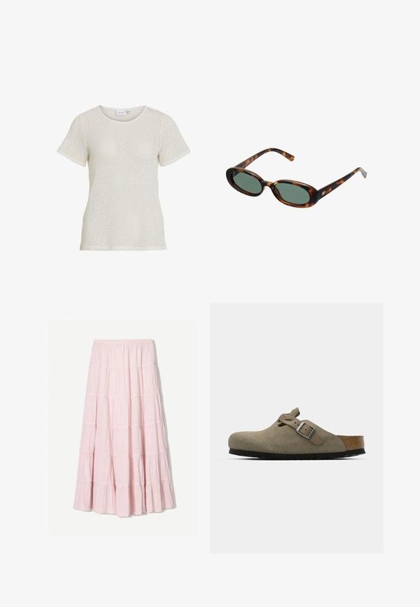 Hvid strikket T-shirt med kort ærme, der har en diamantmønstret tekstur og en rund halsudskæring. Løs pasform med et blødt, åndbart stof.; Lys pink, lagdelt maxi skirt lavet af et tekstureret, letvægtsstof. Elastisk talje og flydende kant med flæse-detaljer.; Suede træsko i lys olivengrøn med en formet kork- og gummisål. Har en side rem med en metal spænde og en rund tå.; Skildpaddemønstrede solbriller med ovale stel og grønne linser. Har tynde arme med en metallisk detalje nær hængslerne.; Mørkebrun suede håndtaske med forlængede håndtag, en struktureret rektangulær form og en glat tekstur. Har skrå sidesømme og ingen synlig hardware.