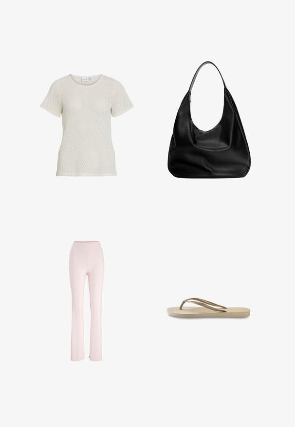 Tricou alb tricotat cu mânecă scurtă, având o textură cu model în romb și un decolteu rotund. Croi lejer, realizat dintr-un material moale și respirabil.; Pantaloni evazați de culoare roz pal, confecționați dintr-un material moale și elastic, cu un talie înaltă și fără modele sau accesorii vizibile.; Bocanci ușori de culoare bej deschis, cu talpă texturată, talpă plată și curele subțiri și lucioase. Prezintă o marcă subtilă pe curea.; Geantă hobo din piele neagră, cu un design lejer, curea lată pentru umăr și textură netedă. Prezintă un singur închidere cu fermoar pe lateral.