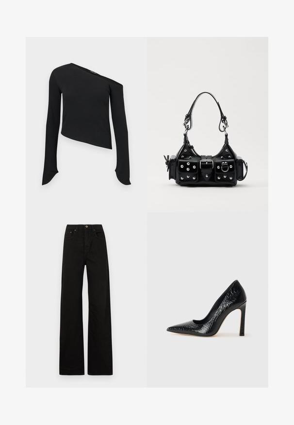 Juodas ilgomis rankovėmis marškinėliai su asimetriniu kaklu, grublėta tekstūra, trumpu dizainu ir išilgintomis rankovėmis su apvaliais rankogaliais.; Juodi plačios kojos džinsai, pagaminti iš tvirto audinio. Yra priekinis mygtukų užsegimas, diržo kilpos ir dvi priekinės kišenės. Lygus, vienodos tekstūros paviršius.; Juoda smailiakulnė aukšto kulno bateliai su krokodilo odos tekstūra, pasižymintys elegantišku dizainu, aukštu stiletu kulnu ir lygia juoda vidine dalimi.; Juodas odinis rankinukas su kreiviu dizainu, su sidabro spalvos knopkėmis, užsegimu ir dviem šoninėmis kišenėmis. Reguliuojama dirželis nešimui.