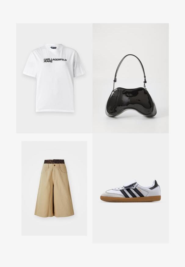 Balta medvilnės marškinėliai su apvalia iškirpte, trumpomis rankovėmis ir juoda spauda, užrašyta "KARL LAGERFELD JEANS" per krūtinę.; Kaki šortai su plačių kojų dizainu ir leopardine juostos juosta. Yra priekiniai kišeniai ir mygtuko užsegimas. Lygus, tekstūruotas audinys.; Balti odiniai sportbačiai su juodomis juostelėmis ir pilkais akcentais, suapvalinta nosimi ir guminėmis išorinėmis dalimis. Velcro užsegimas ir raištelių užsegimas.; Juodas lakuotas odos rankinės maišelis su unikalia kreiva forma, trumpu reguliuojamu rankenėle ir užtrauktuku viršuje. Lygus tekstūra su subtiliu ženklinimu.