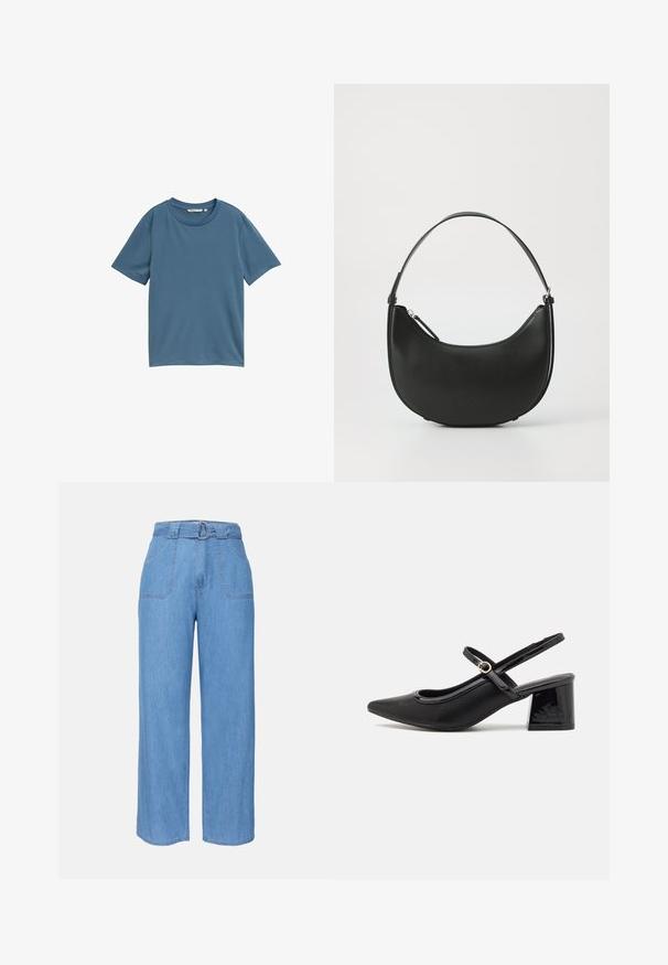 Īsām piedurknēm T-krekls vienotā zila krāsā, apaļa kakla izgriezums, mīksts audums, brīvs piegriezums, bez rakstiem vai metāla detaļām.; Gai zila džinsa platā stila bikses ar jostu, divām priekšējām kabatām un vienkāršu faktūru. Ievēro minimālistisku dizainu un tīras līnijas.; Melns patentēts ādas sandales ar norādīta pirksta formu, noapaļotu izgriezuma dizainu un bloķētu papēdi. Iezīmēta ar zelta toņa sprādzi.; Melna ādas plecu soma ar izliekta formu, šauru rokturi un rāvējslēdzēja aizdari. Izceļas ar gludu tekstūru un niansētu logo detaļu.