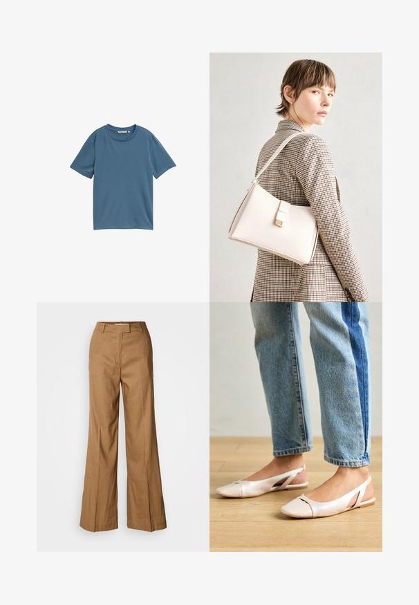 Kortärmad T-shirt i en enfärgad blå nyans, rund halsringning, mjukt tyg, avslappnad passform, utan mönster eller hårdvarudetaljer.; Bruna vida byxor gjorda av lättviktigt material. Har en platt front, bälteshällor och en skräddarsydd silhuett med en ankellång längd.; Ljust rosa slingback-lägenheter med spetsig tå, tillverkade av ett slätt läderliknande material. Har utskurna detaljer på sidorna och en platt häl.; Vit läderhandväska med en strukturerad design, med en magnetknäppning och en axelrem, visad mot en neutral bakgrund.