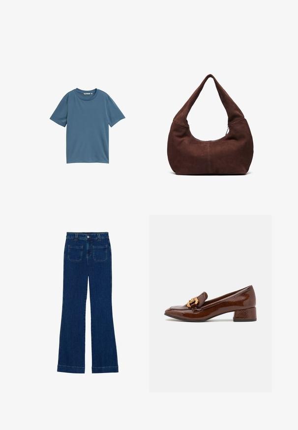 Īsām piedurknēm T-krekls vienotā zila krāsā, apaļa kakla izgriezums, mīksts audums, brīvs piegriezums, bez rakstiem vai metāla detaļām.; Tumši zili džinsi ar izplestām kājām, gluda tekstūra, piecu kabatu dizains un pogu aizdare jostas vietā.; Brūni ādas mokasīni ar spīdīgu apdari, ar dekoratīvu zelta sprādzi priekšpusē un zemu blokveida papēdi. Klasisks dizains.; Brūna zamšādas hobo soma ar izliekta, plaša rokturi un lielu atvērumu. Mīksta tekstūra ar redzamām šuvju detaļām gar malām.