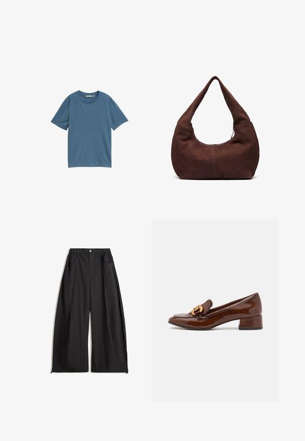 Rövid ujjú póló egyszínű kék színben, kerek nyakkivágással, puha anyagból, laza szabású, minta és fém részletek nélkül.; Fekete, bő szárú nadrág, magas derékkal, amely redőkkel, elülső gombzárral és két oldalsó zsebbel rendelkezik. Strukturált anyagból készült.; Barna bőr loaferek fényes felülettel, dekoratív arany csattal az elején és alacsony blokk sarkával. Klasszikus dizájn.; Barna velúr hobo táska ívelt, széles fogantyúval és nagy nyílással. Puha textúra, a szélek mentén látható varrás részletekkel.
