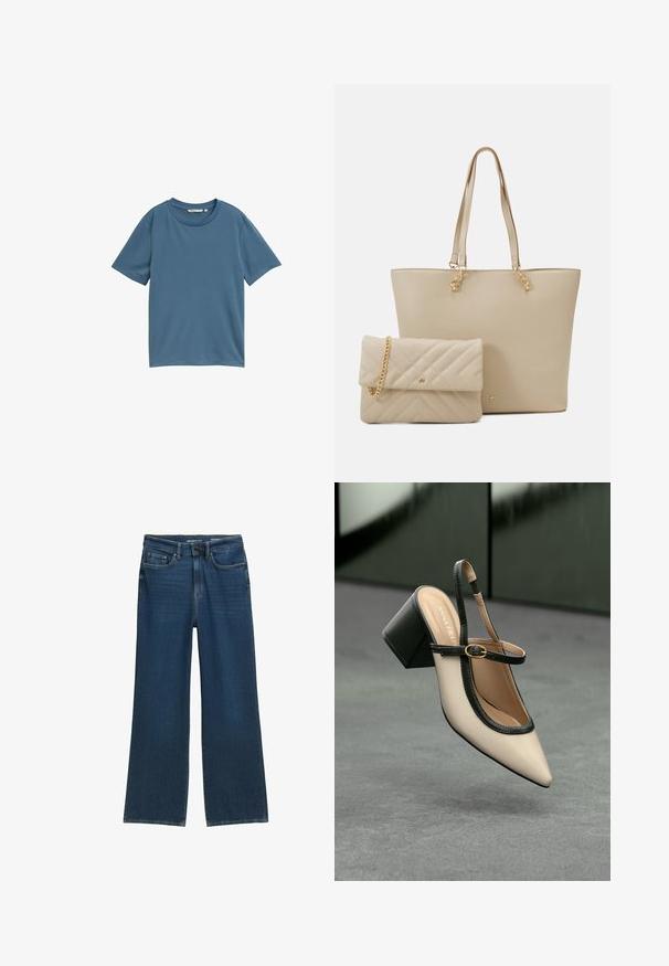 Trumpas rankovės marškinėliai solidžios mėlynos spalvos, apvaliu iškirpimu, minkšta medžiaga, laisvas siluetas, be raštų ar detalių.; Tamsiai mėlynos plačių kojų džinsai su penkių kišenių dizainu, mygtukų užsegimu ir subtiliais siuvimo detalėmis siūlėse.; Šviesiai rudos suknelės bateliai su juodu apvadu, auksine sagtimi ir masyviu blokiniu kulnu, stovintys ant pilkos grindų su tamsiai žalia fonu.; Kreminės spalvos rankinė su plokščiais rankenėlėmis, lygiu paviršiumi ir auksinėmis detalėmis, derinama su atitinkama siuvinėta rankine su grandinėlės dirželiu.